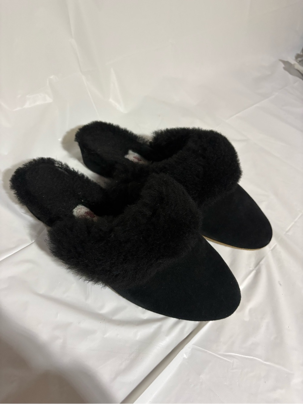 Draper of Glastonbury Black Suede Fur-Trim Slip-On Mules
